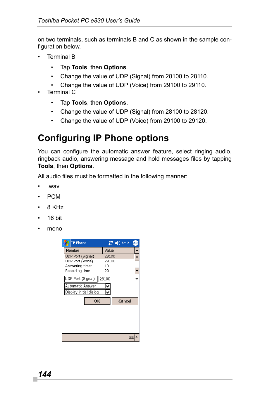 Configuring ip phone options | Toshiba Pocket Pc e830 User Manual | Page 144 / 228