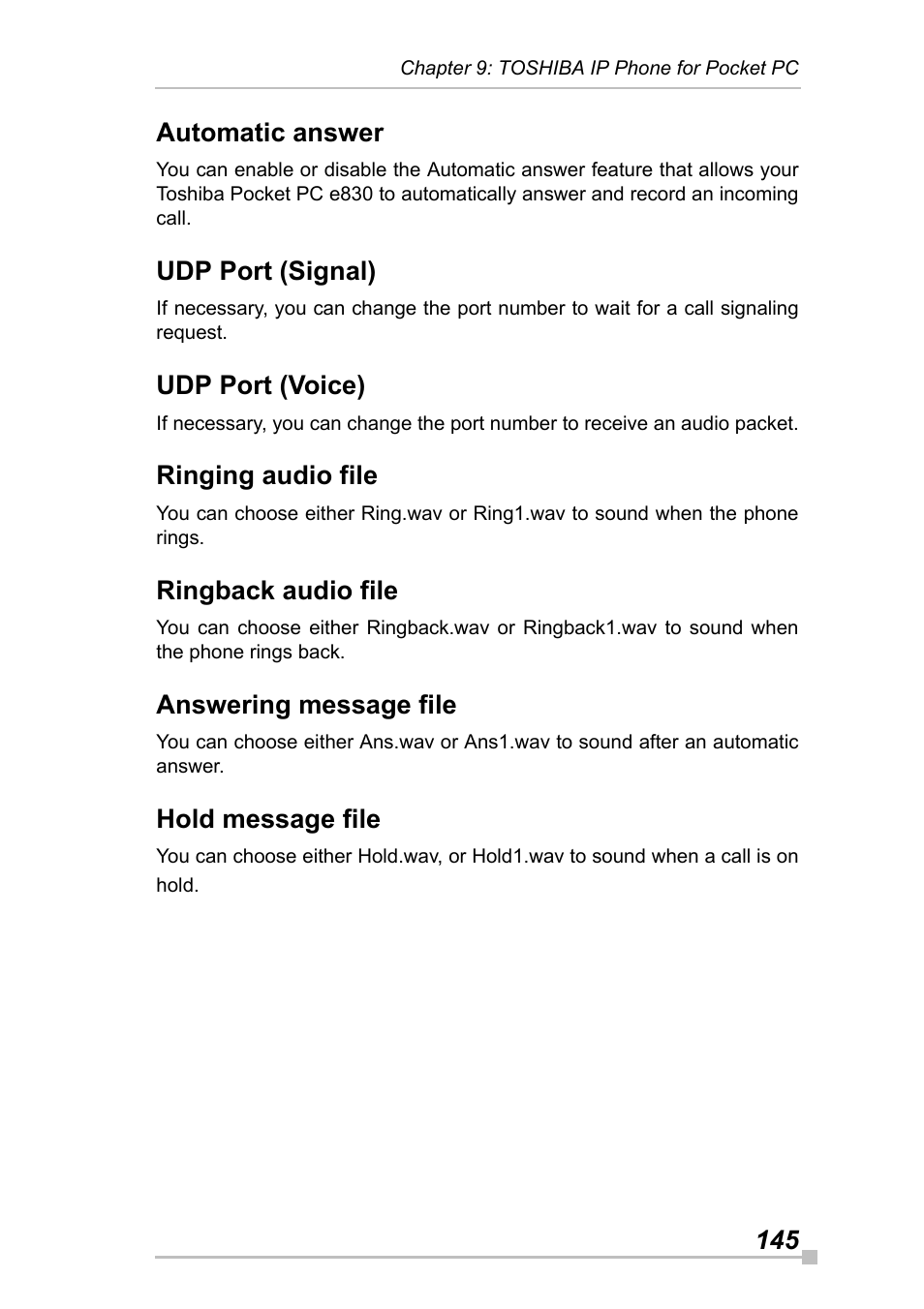 Automatic answer, Udp port (signal), Udp port (voice) | Ringing audio file, Ringback audio file, Answering message file, Hold message file, 145 automatic answer | Toshiba Pocket Pc e830 User Manual | Page 145 / 228