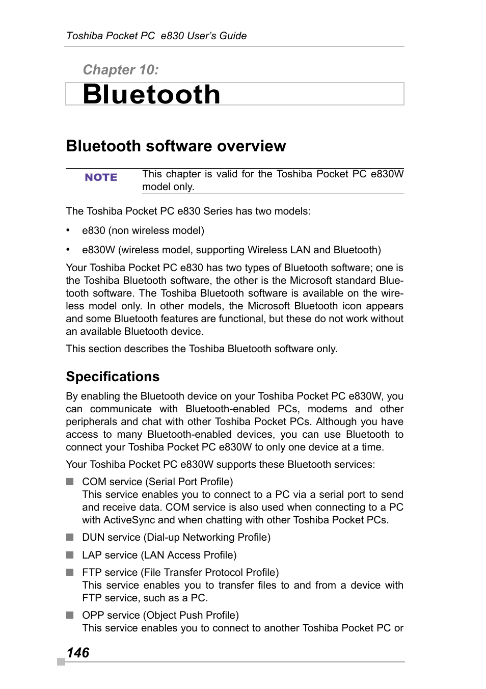 Chapter 10: bluetooth, Bluetooth software overview, Specifications | Luetooth | Toshiba Pocket Pc e830 User Manual | Page 146 / 228