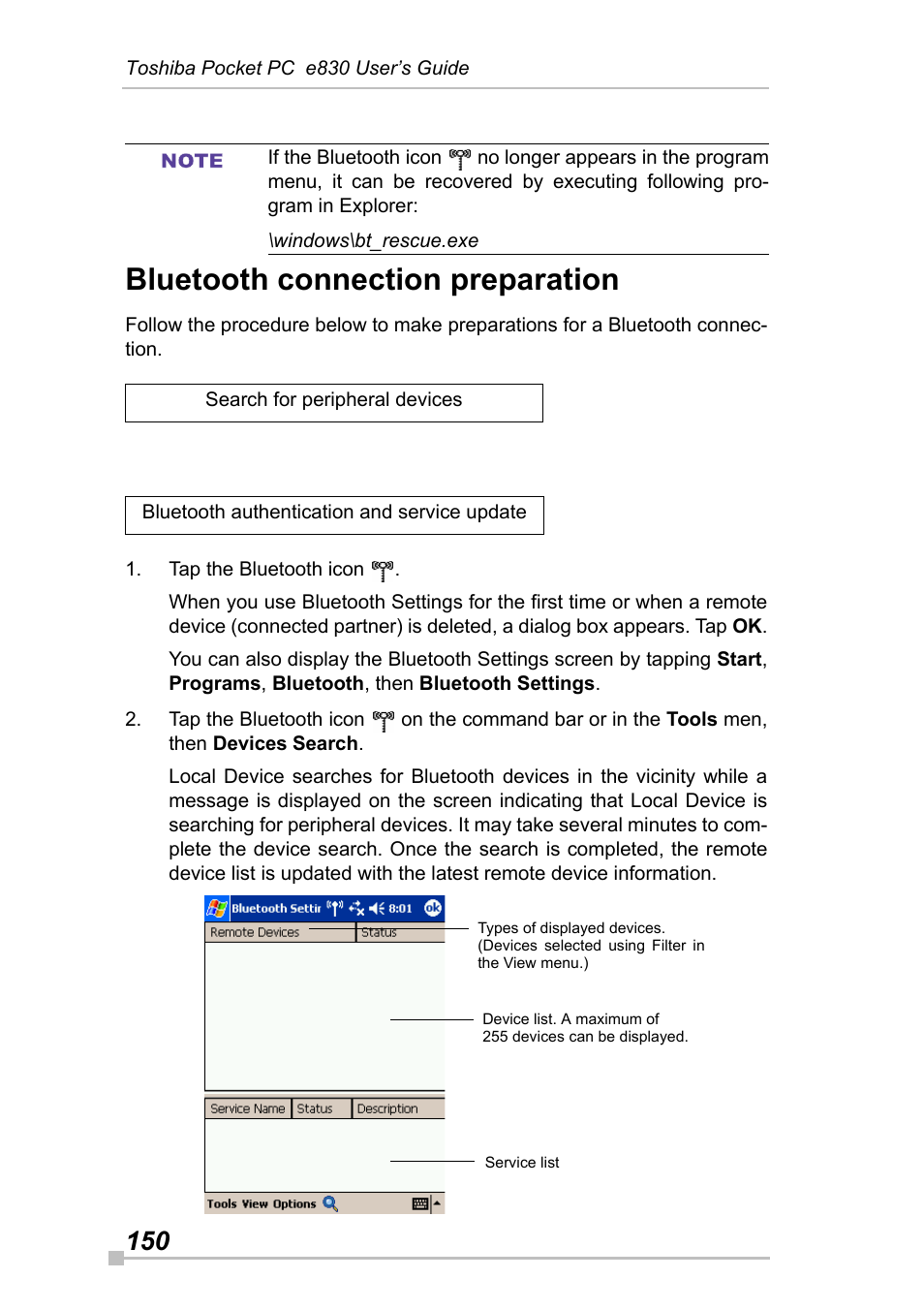 Bluetooth connection preparation | Toshiba Pocket Pc e830 User Manual | Page 150 / 228