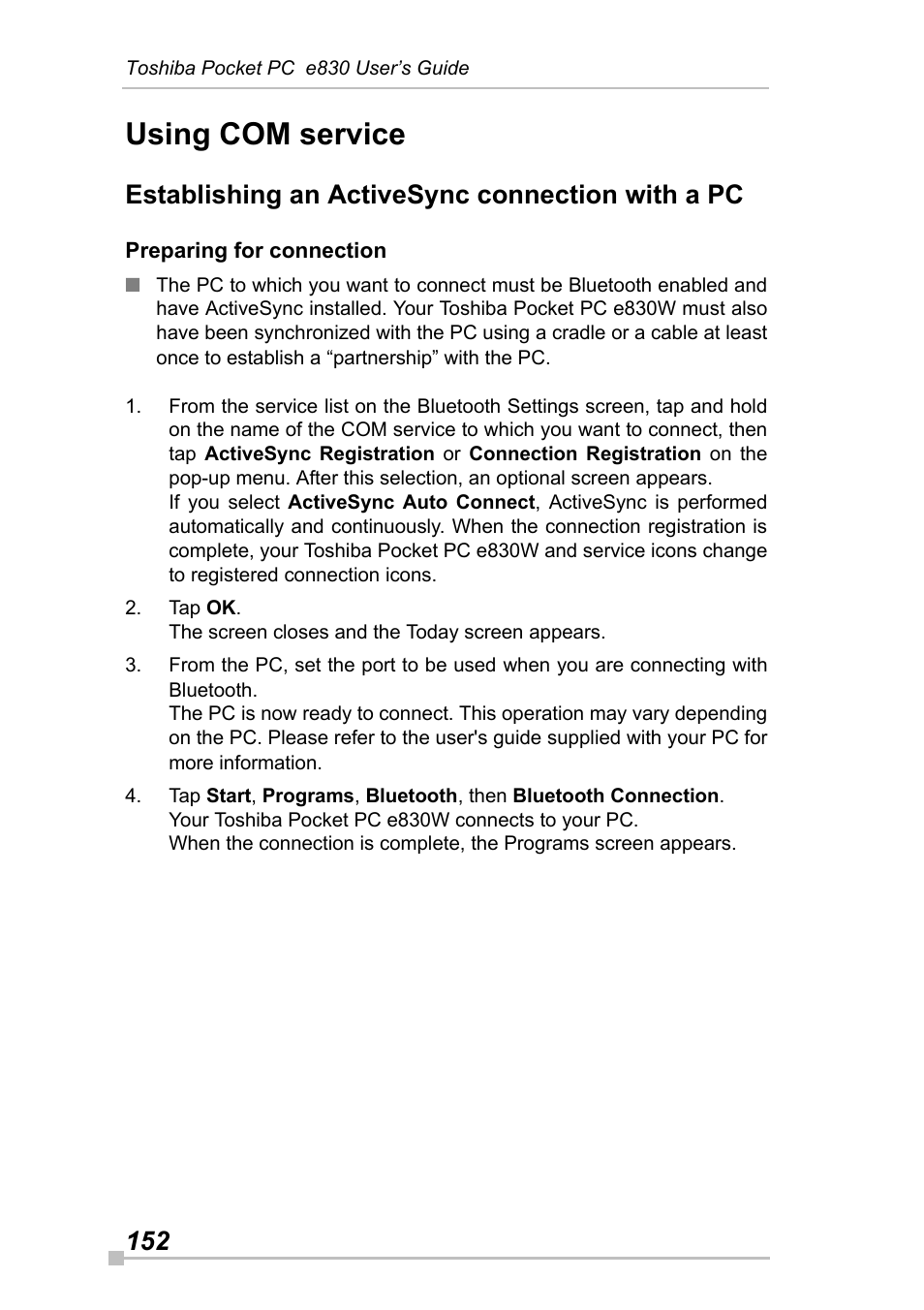 Using com service, Establishing an activesync connection with a pc, Preparing for connection | Toshiba Pocket Pc e830 User Manual | Page 152 / 228