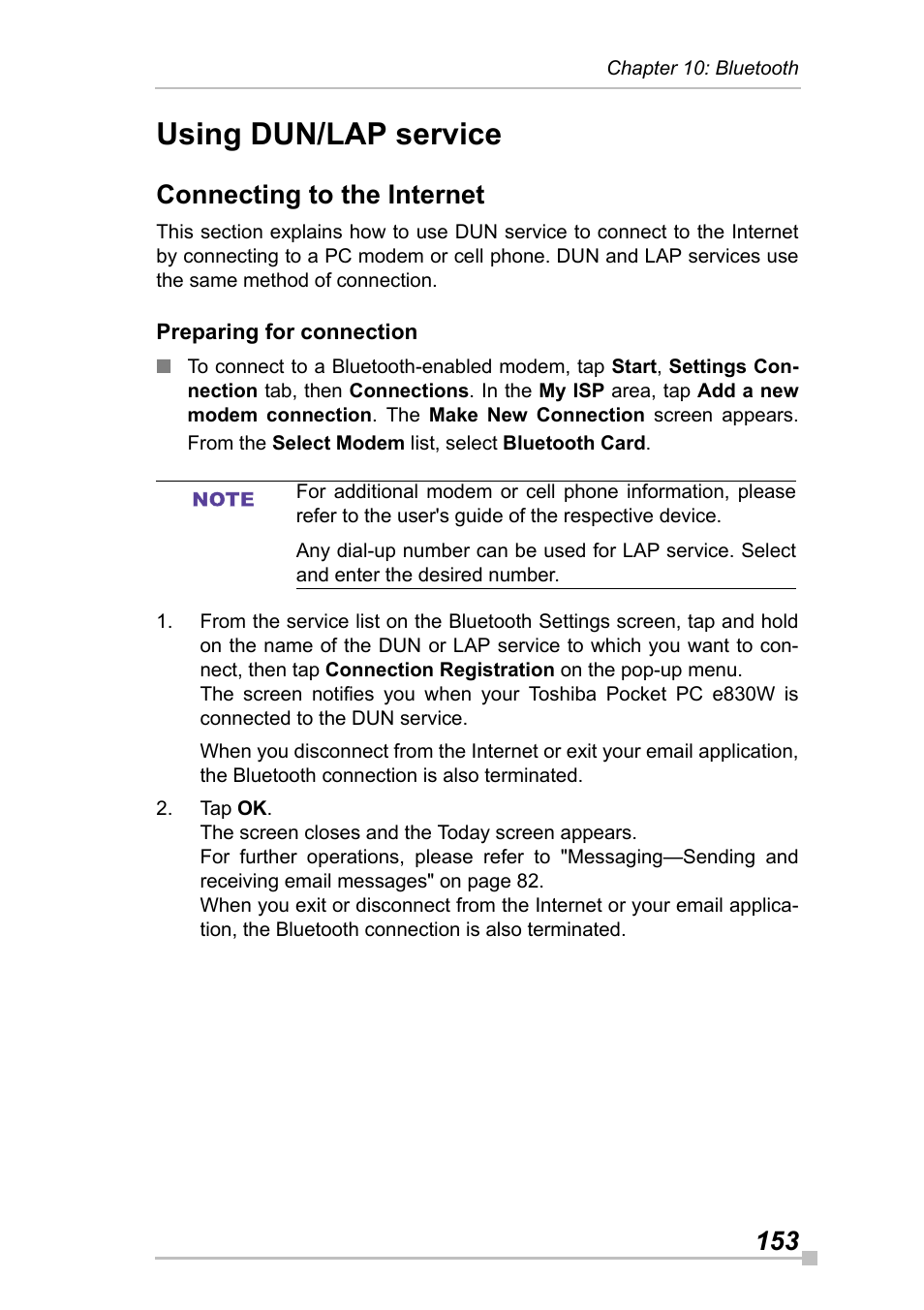 Using dun/lap service, Connecting to the internet, Preparing for connection | Toshiba Pocket Pc e830 User Manual | Page 153 / 228