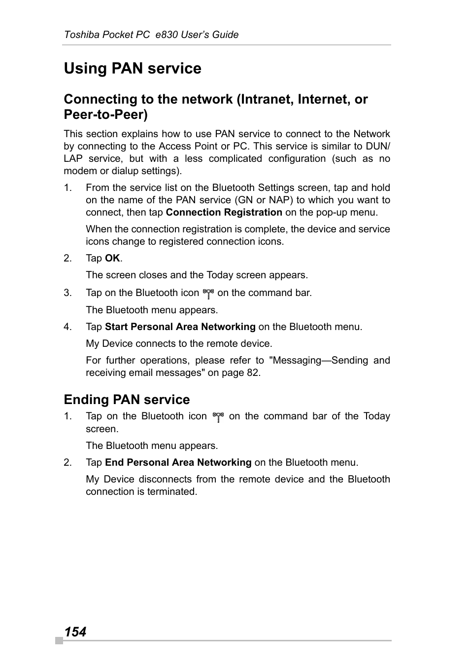 Using pan service, Ending pan service | Toshiba Pocket Pc e830 User Manual | Page 154 / 228