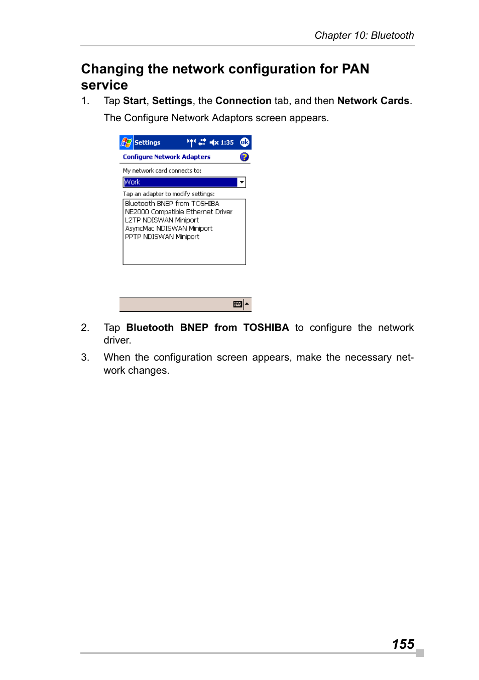 Changing the network configuration for pan service | Toshiba Pocket Pc e830 User Manual | Page 155 / 228