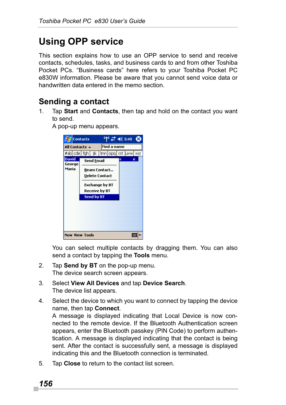 Using opp service, Sending a contact | Toshiba Pocket Pc e830 User Manual | Page 156 / 228