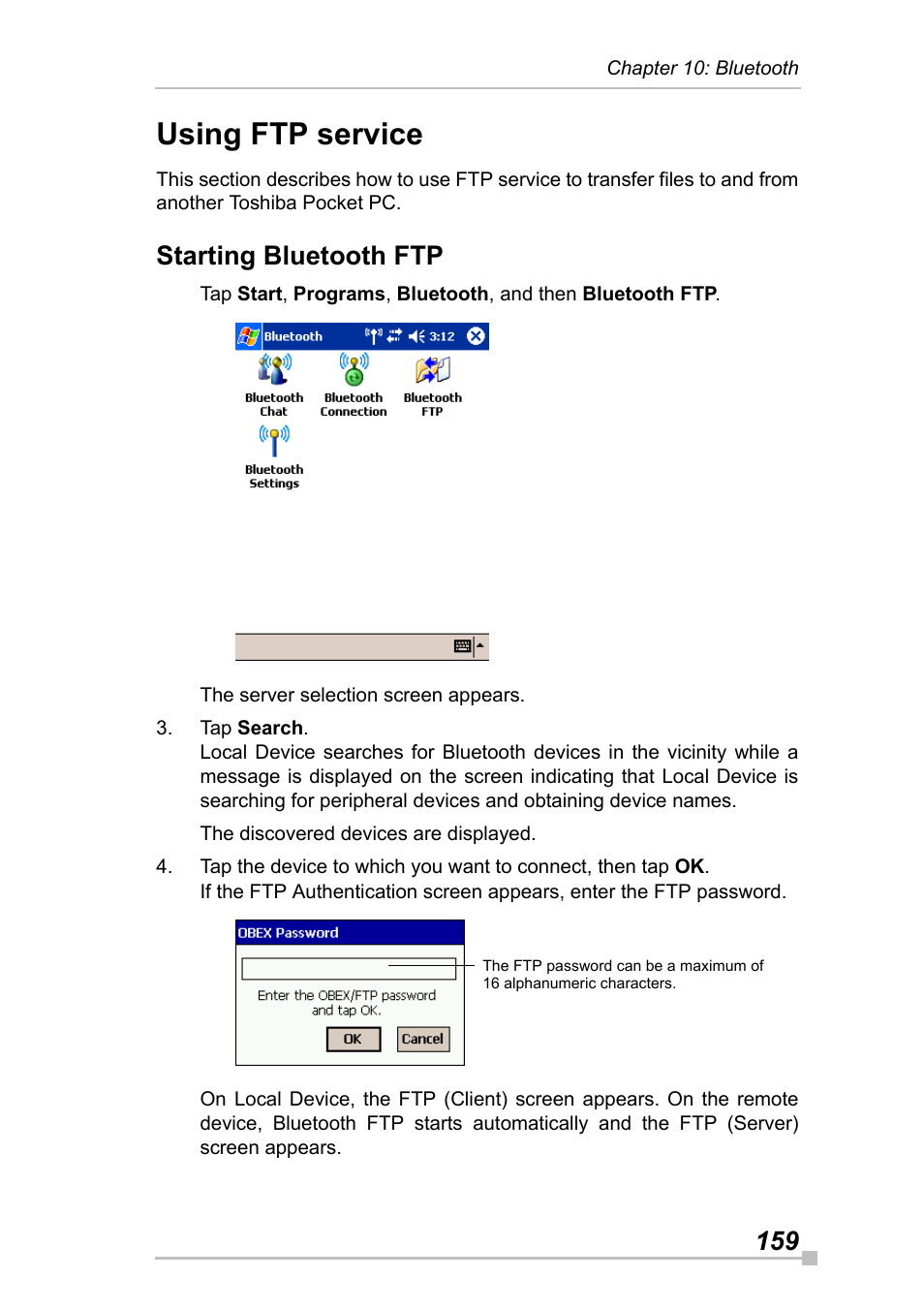 Using ftp service, Starting bluetooth ftp | Toshiba Pocket Pc e830 User Manual | Page 159 / 228