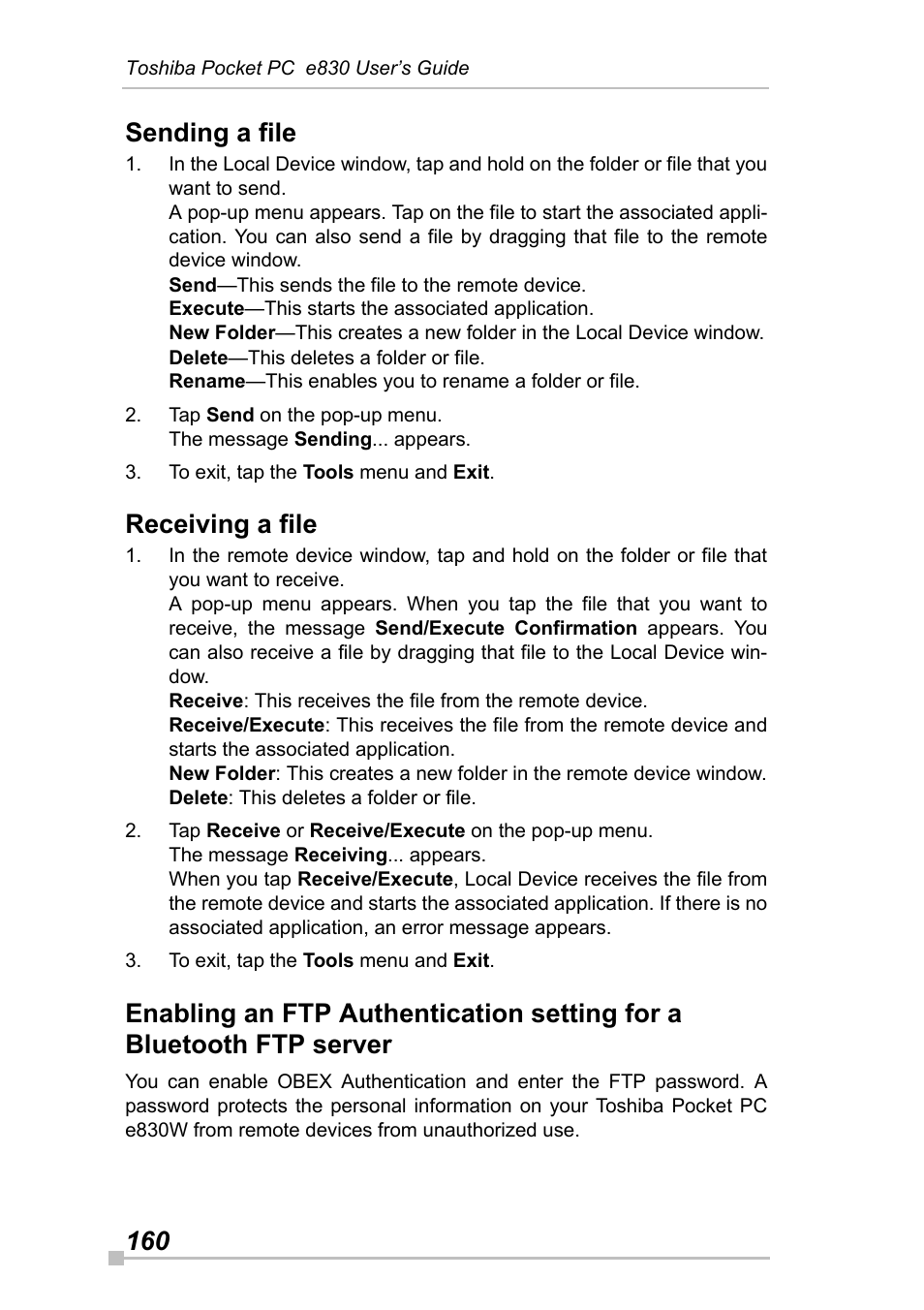 Sending a file, Receiving a file, 160 sending a file | Toshiba Pocket Pc e830 User Manual | Page 160 / 228