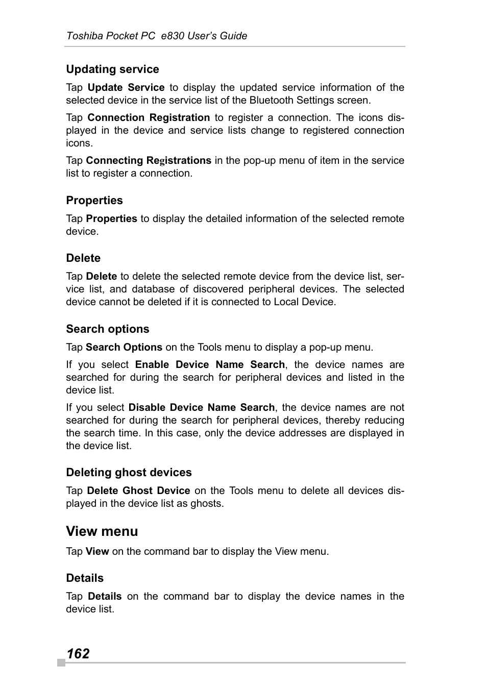 Updating service, Properties, Delete | Search options, Deleting ghost devices, View menu, Details | Toshiba Pocket Pc e830 User Manual | Page 162 / 228