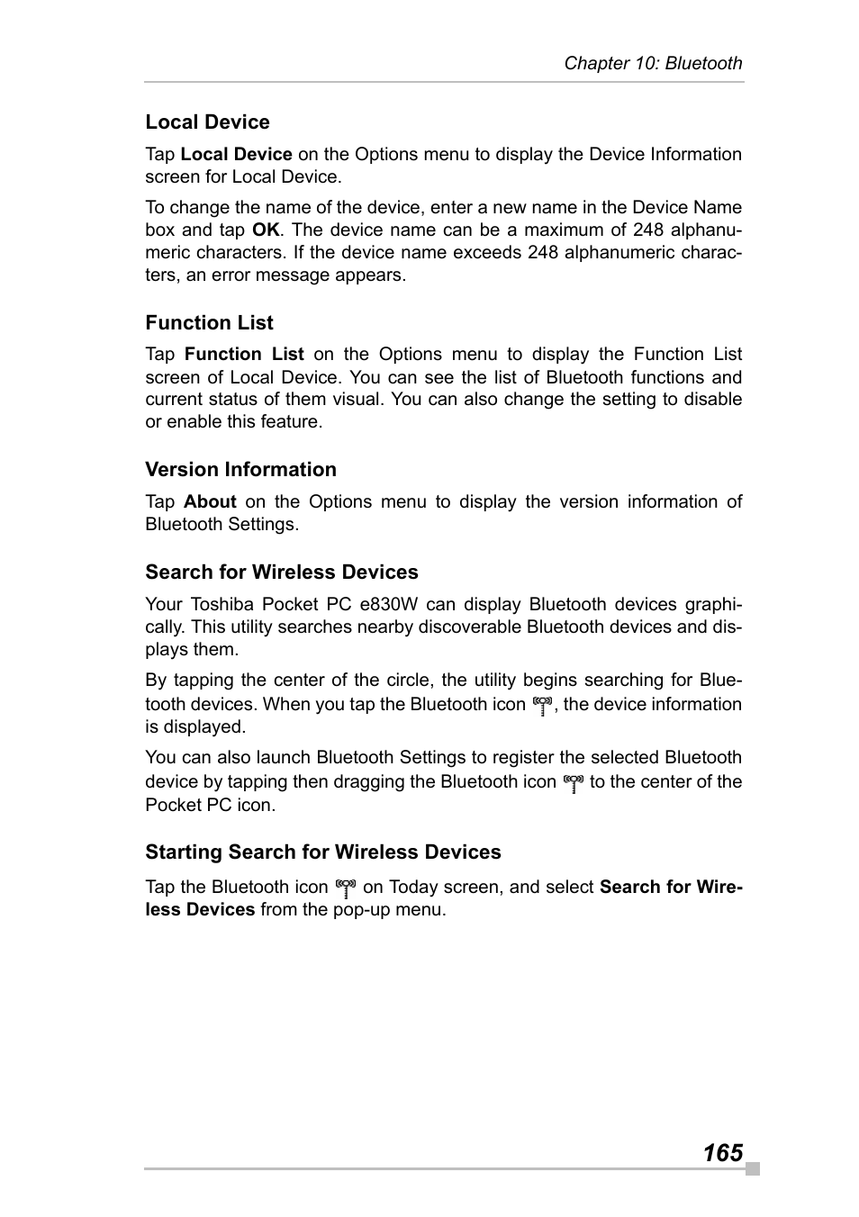 Local device, Function list, Version information | Search for wireless devices, Starting search for wireless devices | Toshiba Pocket Pc e830 User Manual | Page 165 / 228