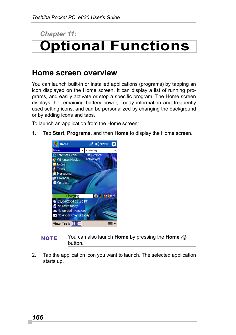 Chapter 11: optional functions, Home screen overview, Optional functions | Toshiba Pocket Pc e830 User Manual | Page 166 / 228