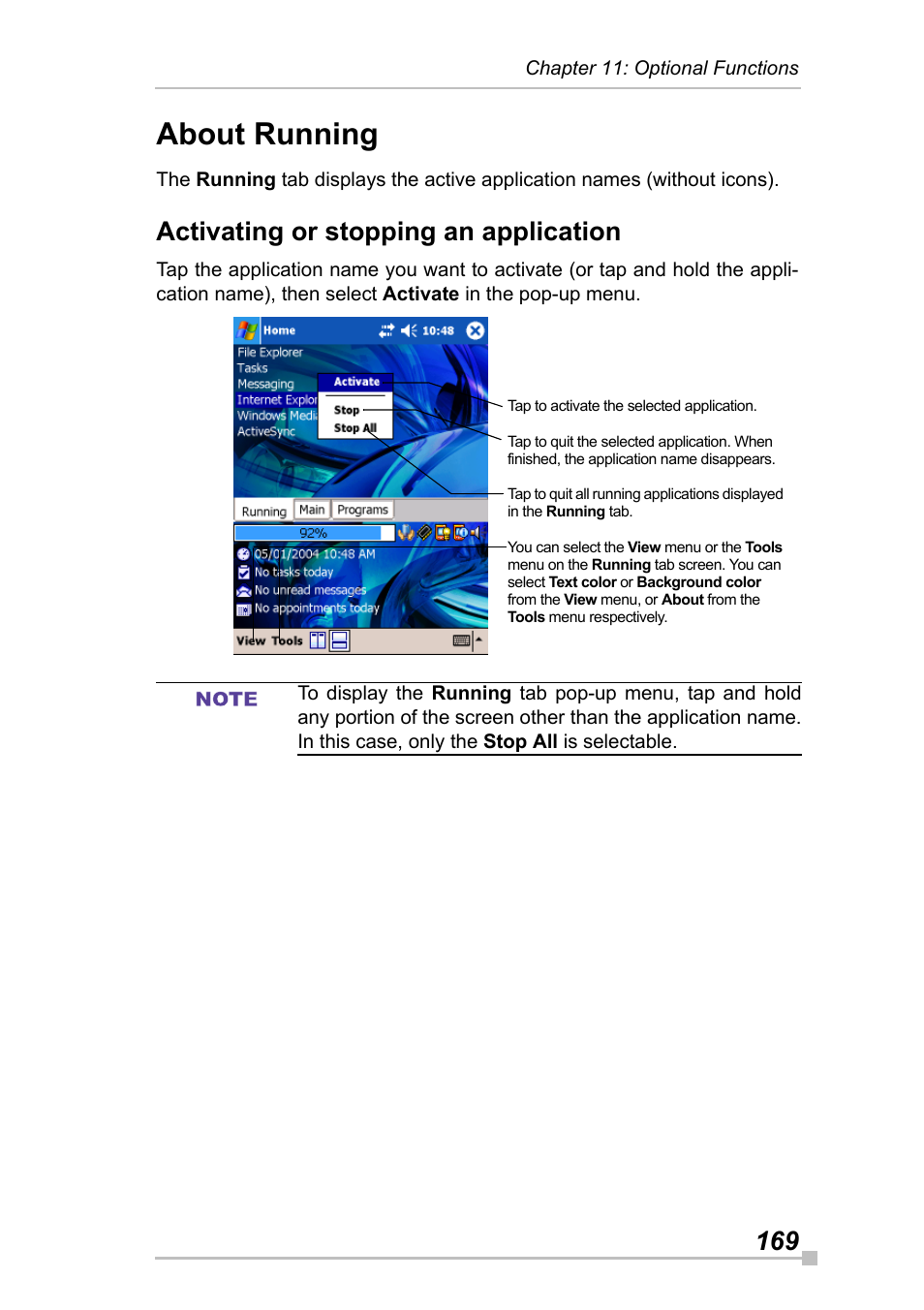 About running, Activating or stopping an application | Toshiba Pocket Pc e830 User Manual | Page 169 / 228