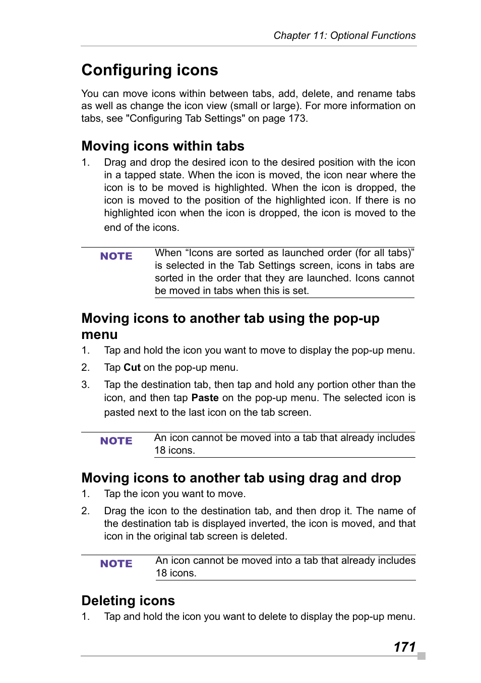 Configuring icons, Moving icons within tabs, Moving icons to another tab using the pop-up menu | Moving icons to another tab using drag and drop, Deleting icons | Toshiba Pocket Pc e830 User Manual | Page 171 / 228