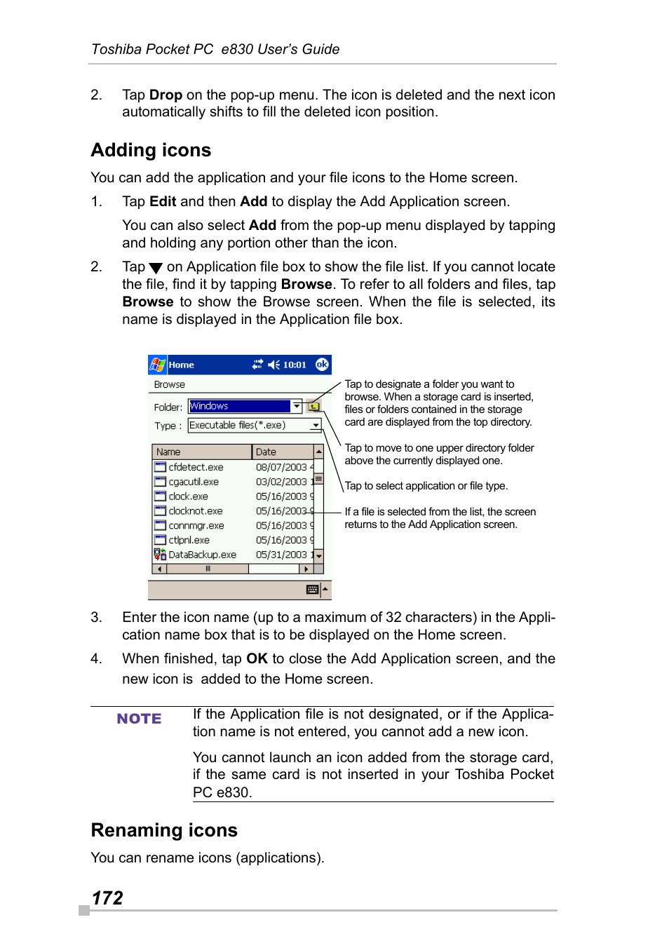 Adding icons, Renaming icons | Toshiba Pocket Pc e830 User Manual | Page 172 / 228