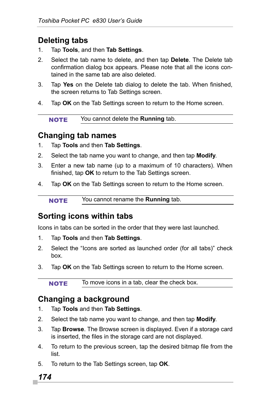 Deleting tabs, Changing tab names, Sorting icons within tabs | Changing a background, 174 deleting tabs | Toshiba Pocket Pc e830 User Manual | Page 174 / 228
