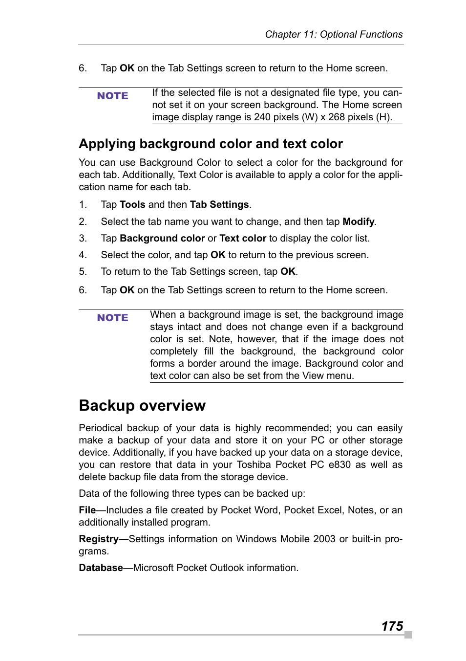 Applying background color and text color, Backup overview | Toshiba Pocket Pc e830 User Manual | Page 175 / 228