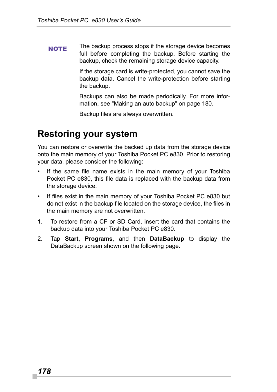 Restoring your system | Toshiba Pocket Pc e830 User Manual | Page 178 / 228