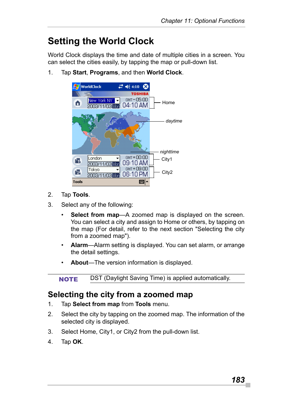 Setting the world clock, Selecting the city from a zoomed map | Toshiba Pocket Pc e830 User Manual | Page 183 / 228