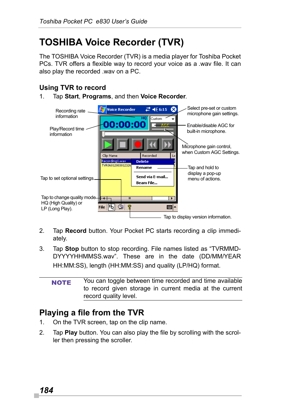 Toshiba voice recorder (tvr), Using tvr to record, Playing a file from the tvr | Toshiba Pocket Pc e830 User Manual | Page 184 / 228