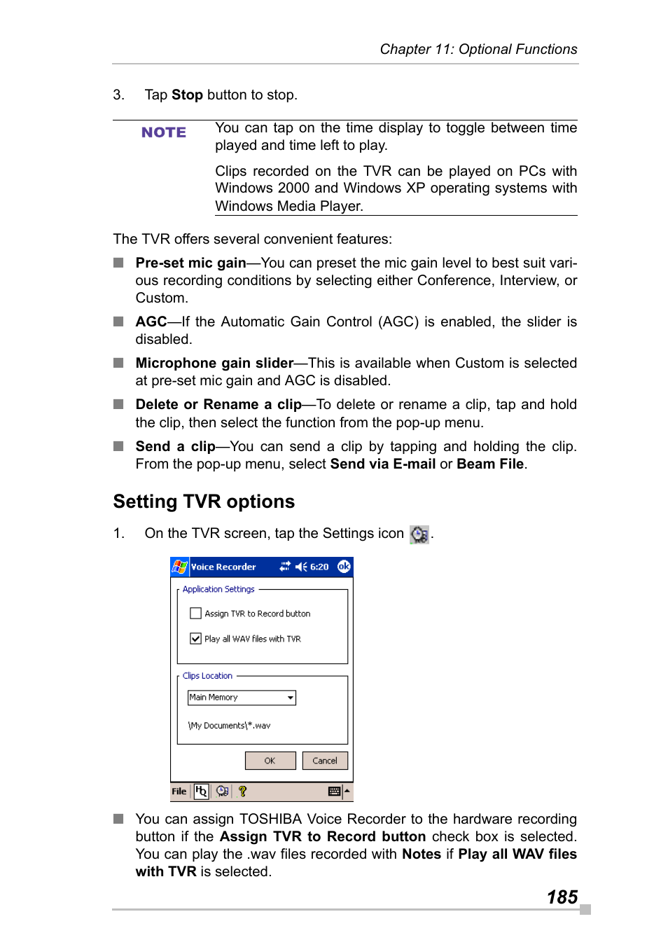 Setting tvr options | Toshiba Pocket Pc e830 User Manual | Page 185 / 228