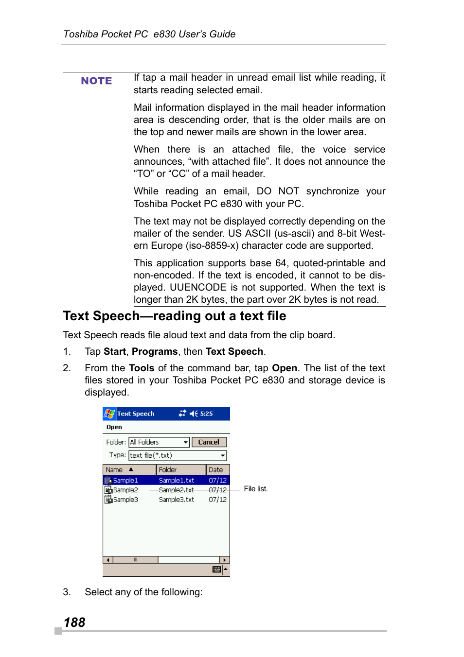 Text speech-reading out a text file, 188 text speech—reading out a text file | Toshiba Pocket Pc e830 User Manual | Page 188 / 228