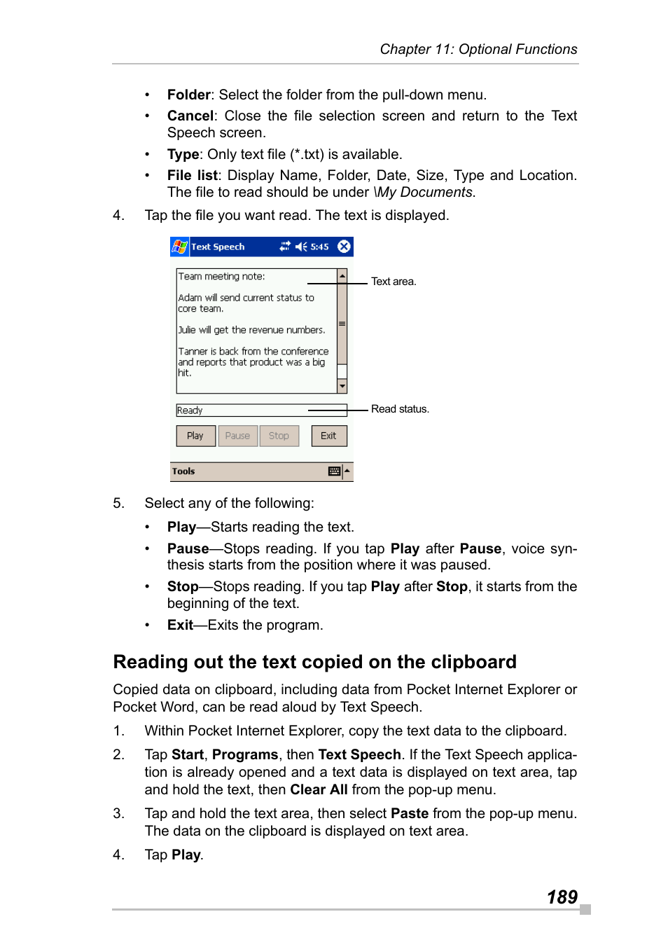 Reading out the text copied on the clipboard | Toshiba Pocket Pc e830 User Manual | Page 189 / 228