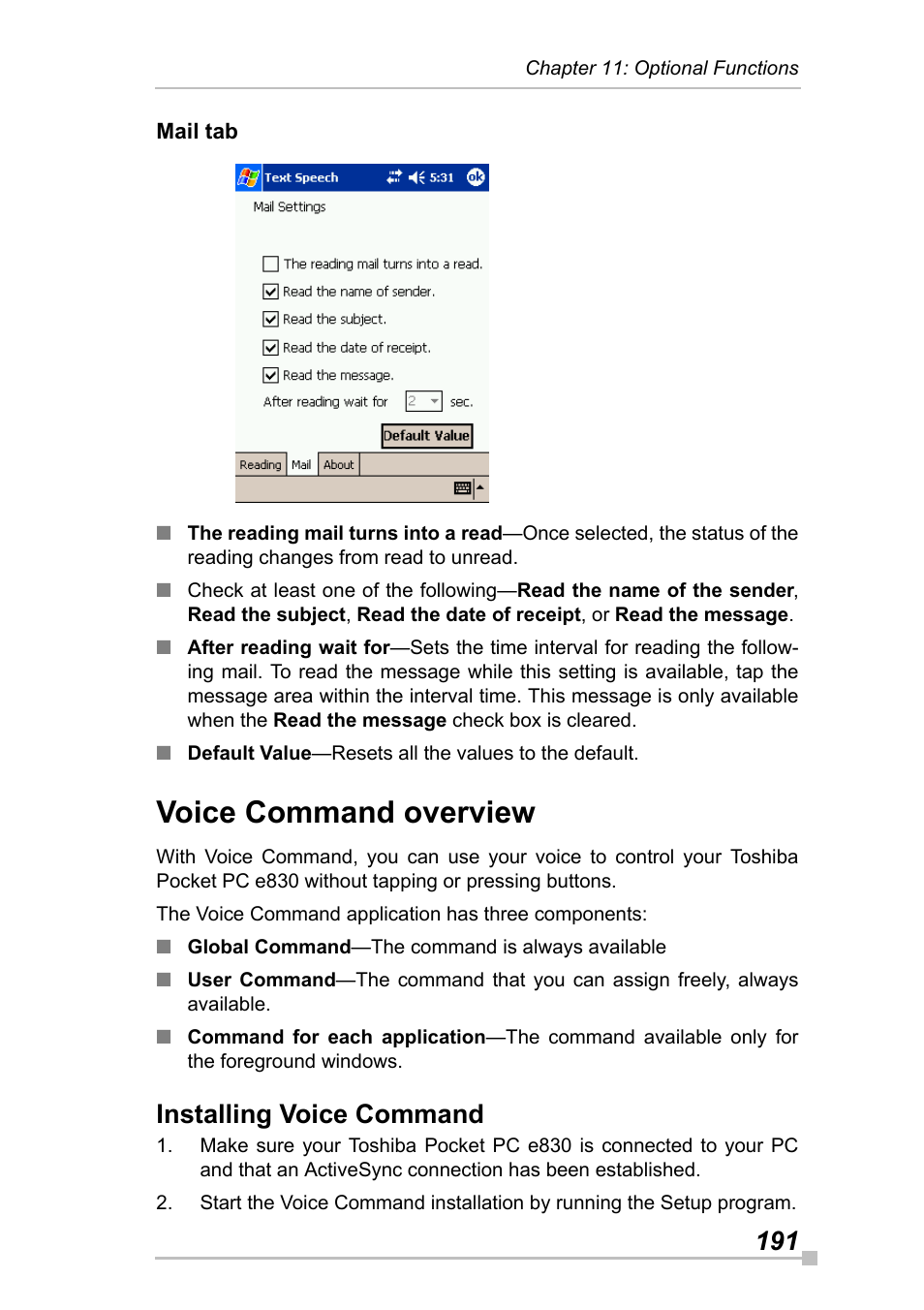 Mail tab, Voice command overview, Installing voice command | Toshiba Pocket Pc e830 User Manual | Page 191 / 228