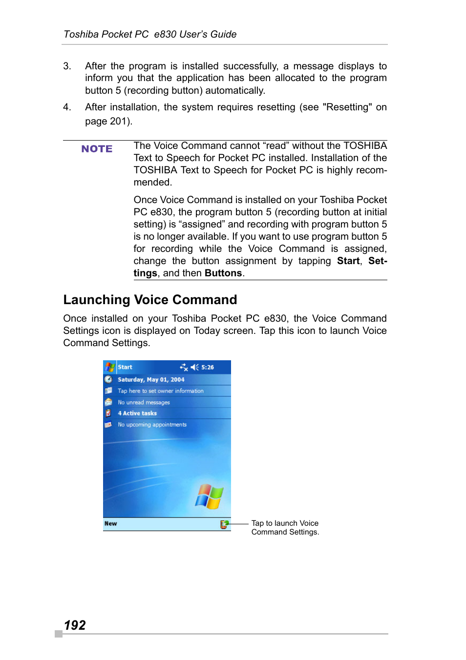 Launching voice command | Toshiba Pocket Pc e830 User Manual | Page 192 / 228