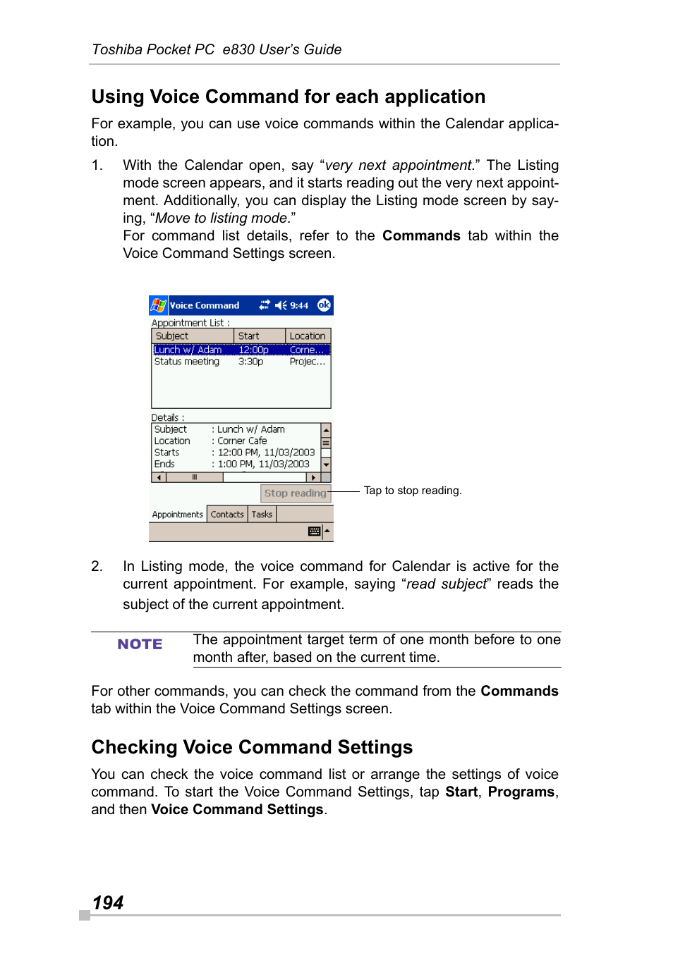 Using voice command for each application, Checking voice command settings, 194 using voice command for each application | Toshiba Pocket Pc e830 User Manual | Page 194 / 228