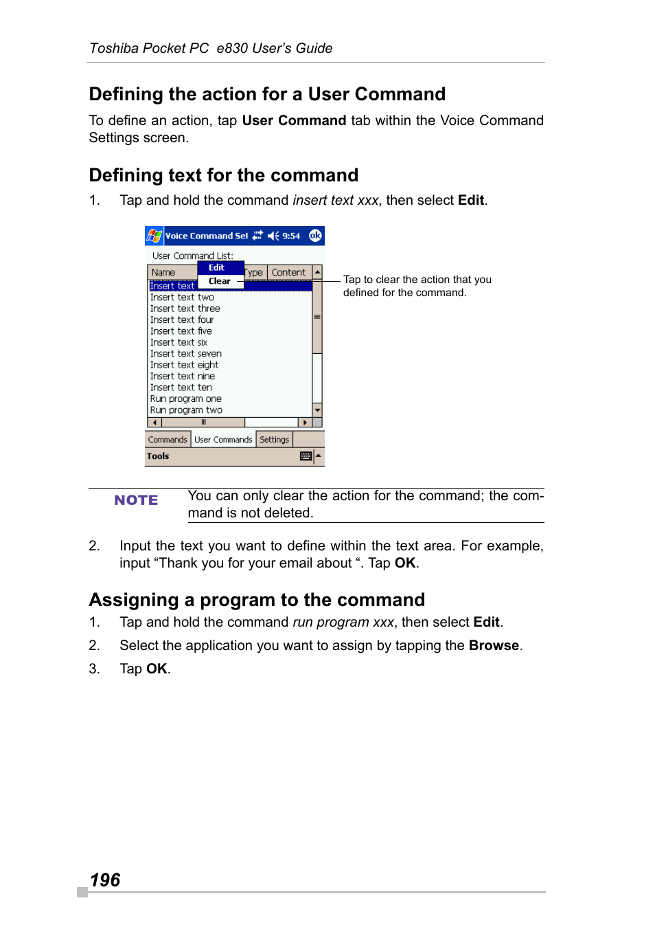 Defining the action for a user command, Defining text for the command, Assigning a program to the command | 196 defining the action for a user command | Toshiba Pocket Pc e830 User Manual | Page 196 / 228