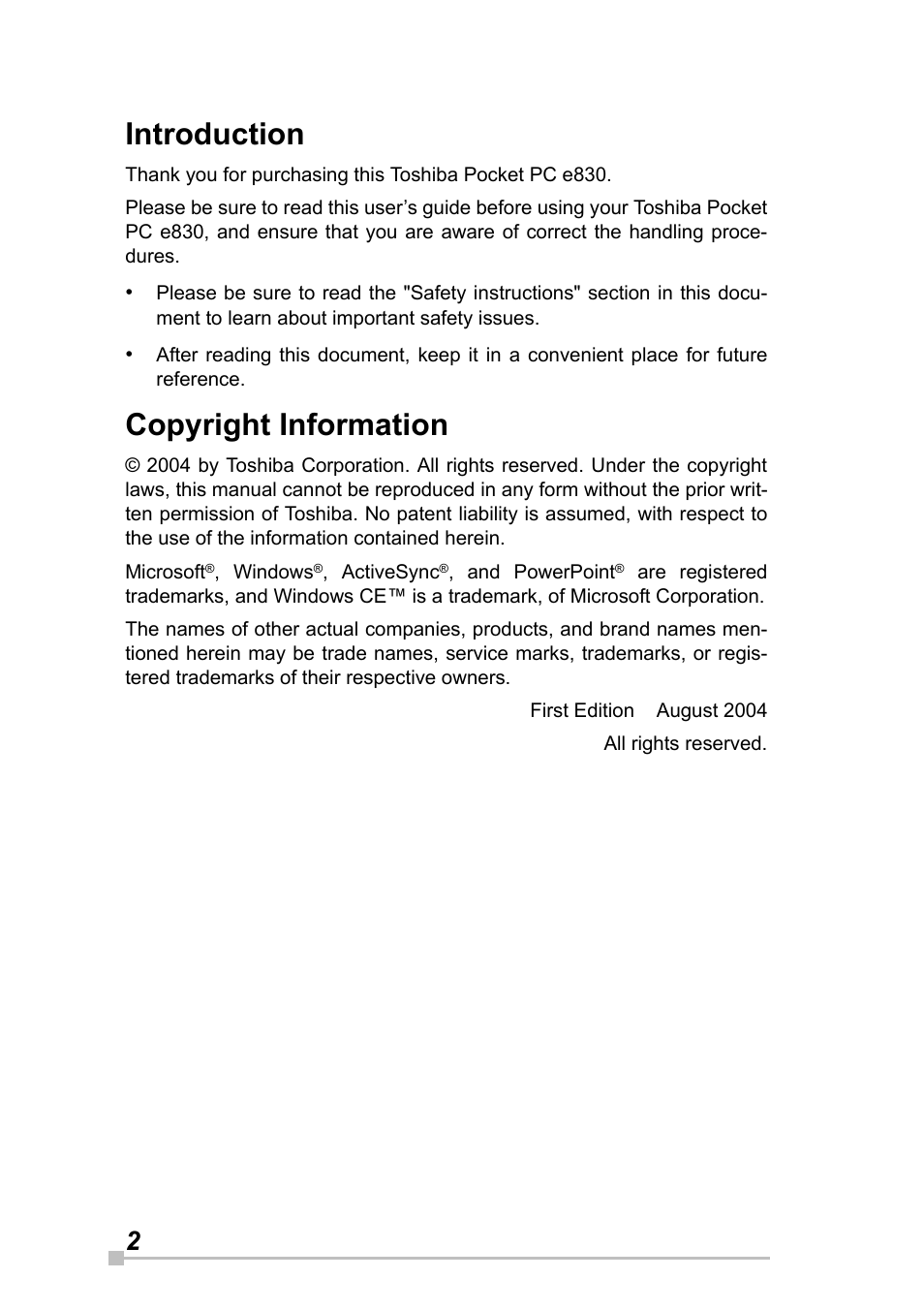 Introduction, Copyright information | Toshiba Pocket Pc e830 User Manual | Page 2 / 228