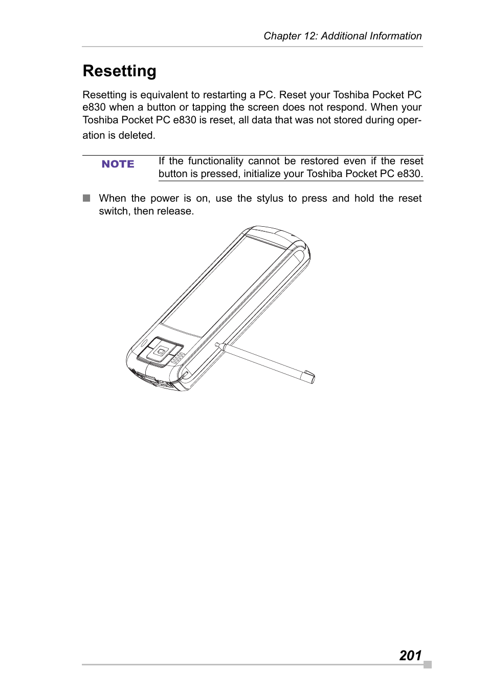 Resetting | Toshiba Pocket Pc e830 User Manual | Page 201 / 228