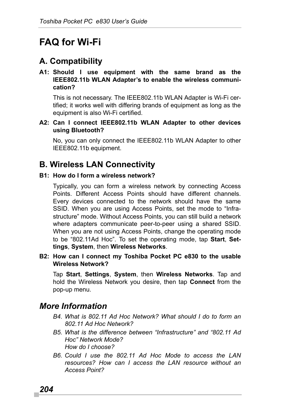 Faq for wi-fi, A. compatibility, B. wireless lan connectivity | More information | Toshiba Pocket Pc e830 User Manual | Page 204 / 228