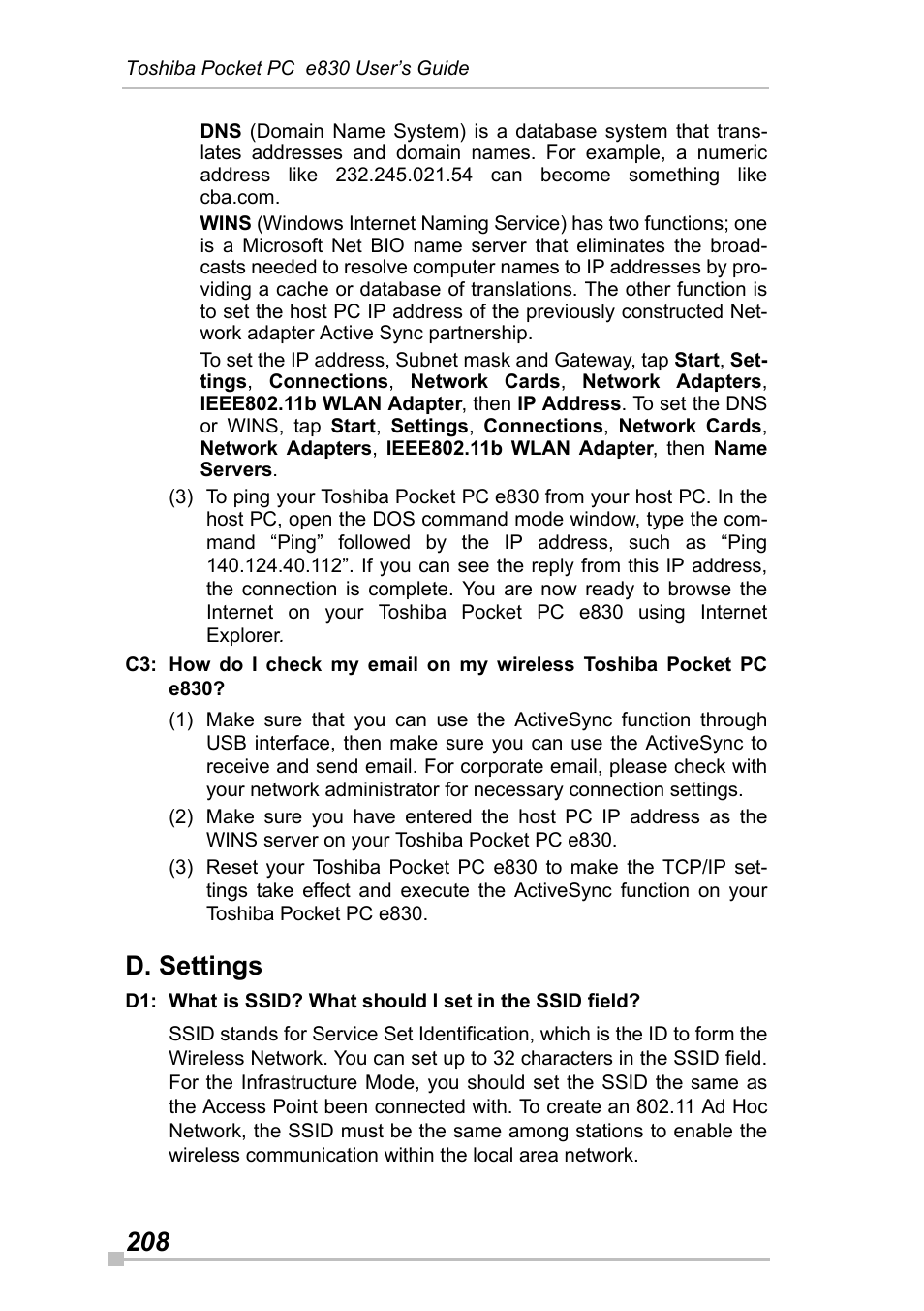 D. settings | Toshiba Pocket Pc e830 User Manual | Page 208 / 228