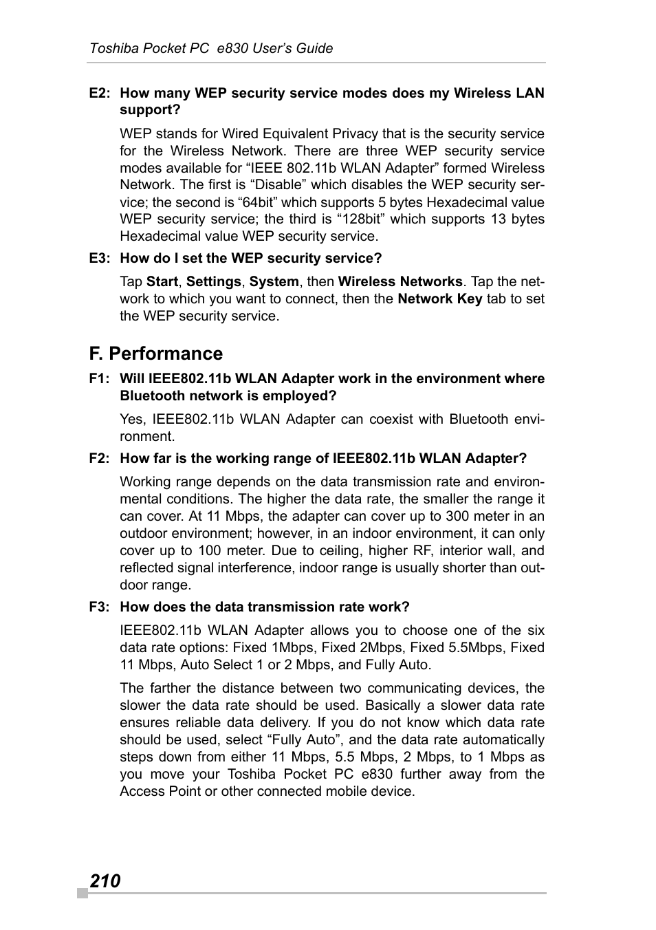 F. performance | Toshiba Pocket Pc e830 User Manual | Page 210 / 228