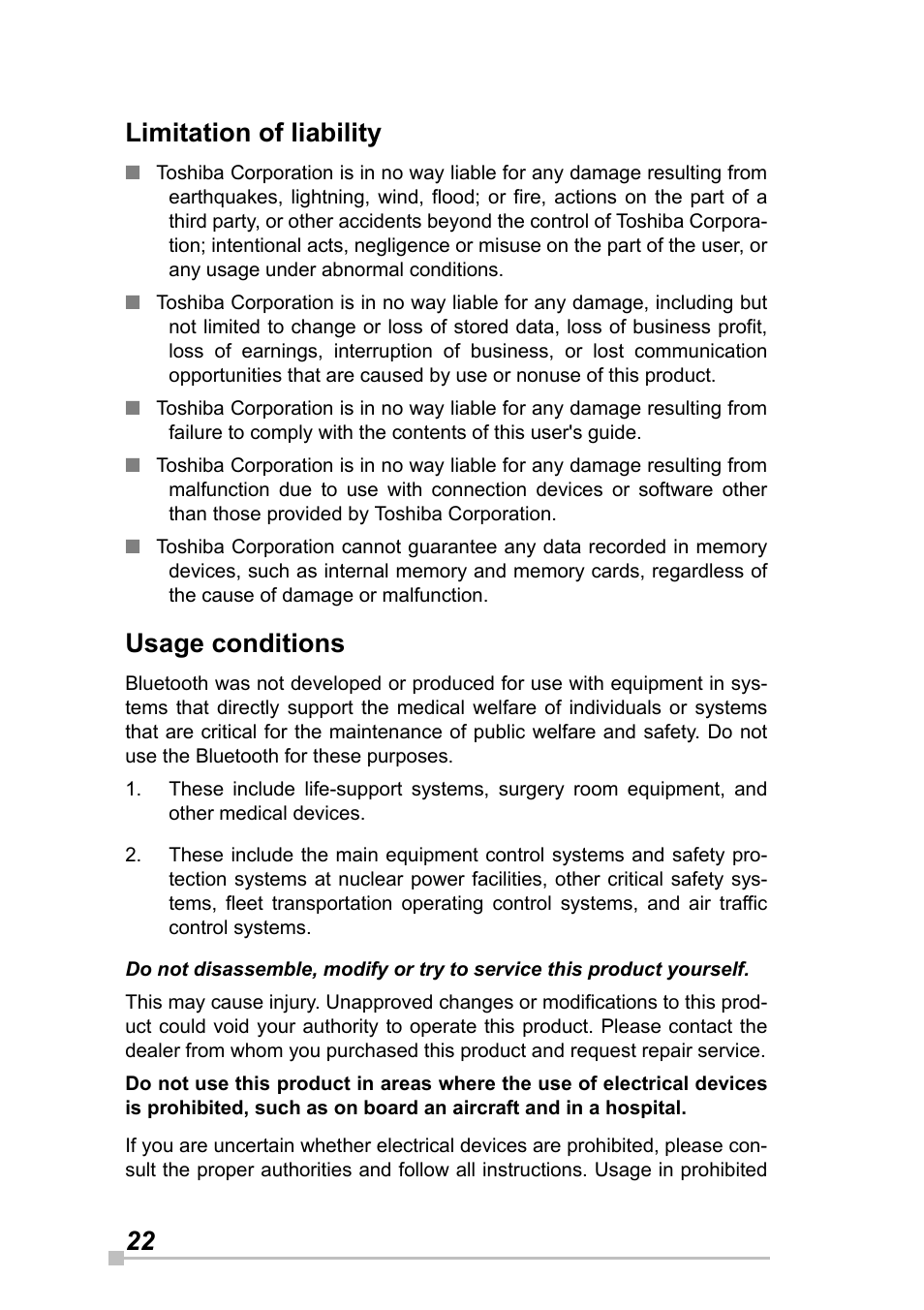 22 limitation of liability, Usage conditions | Toshiba Pocket Pc e830 User Manual | Page 22 / 228