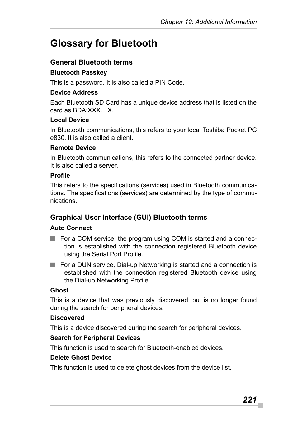 Glossary for bluetooth, General bluetooth terms, Graphical user interface (gui) bluetooth terms | Toshiba Pocket Pc e830 User Manual | Page 221 / 228