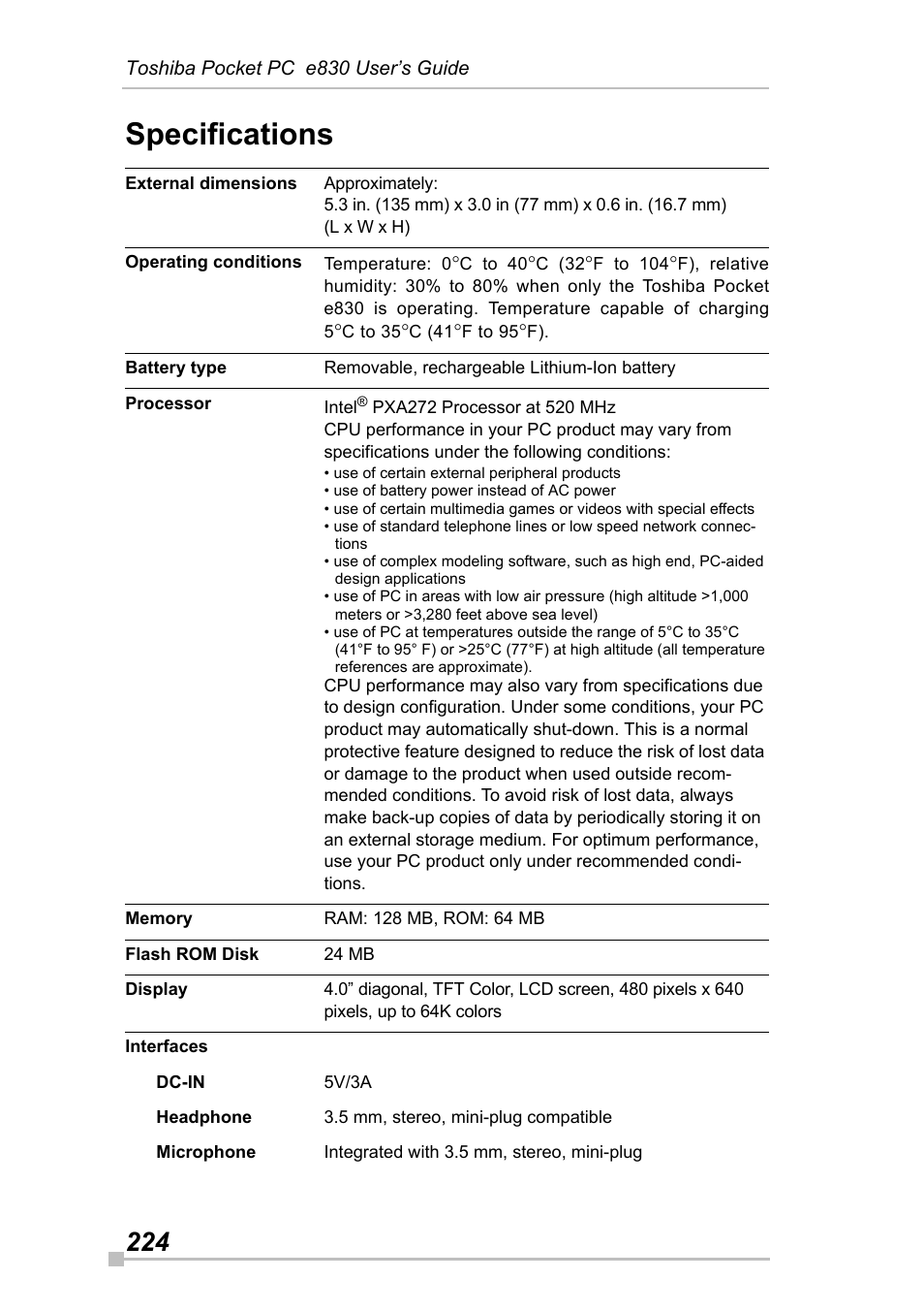 Specifications | Toshiba Pocket Pc e830 User Manual | Page 224 / 228