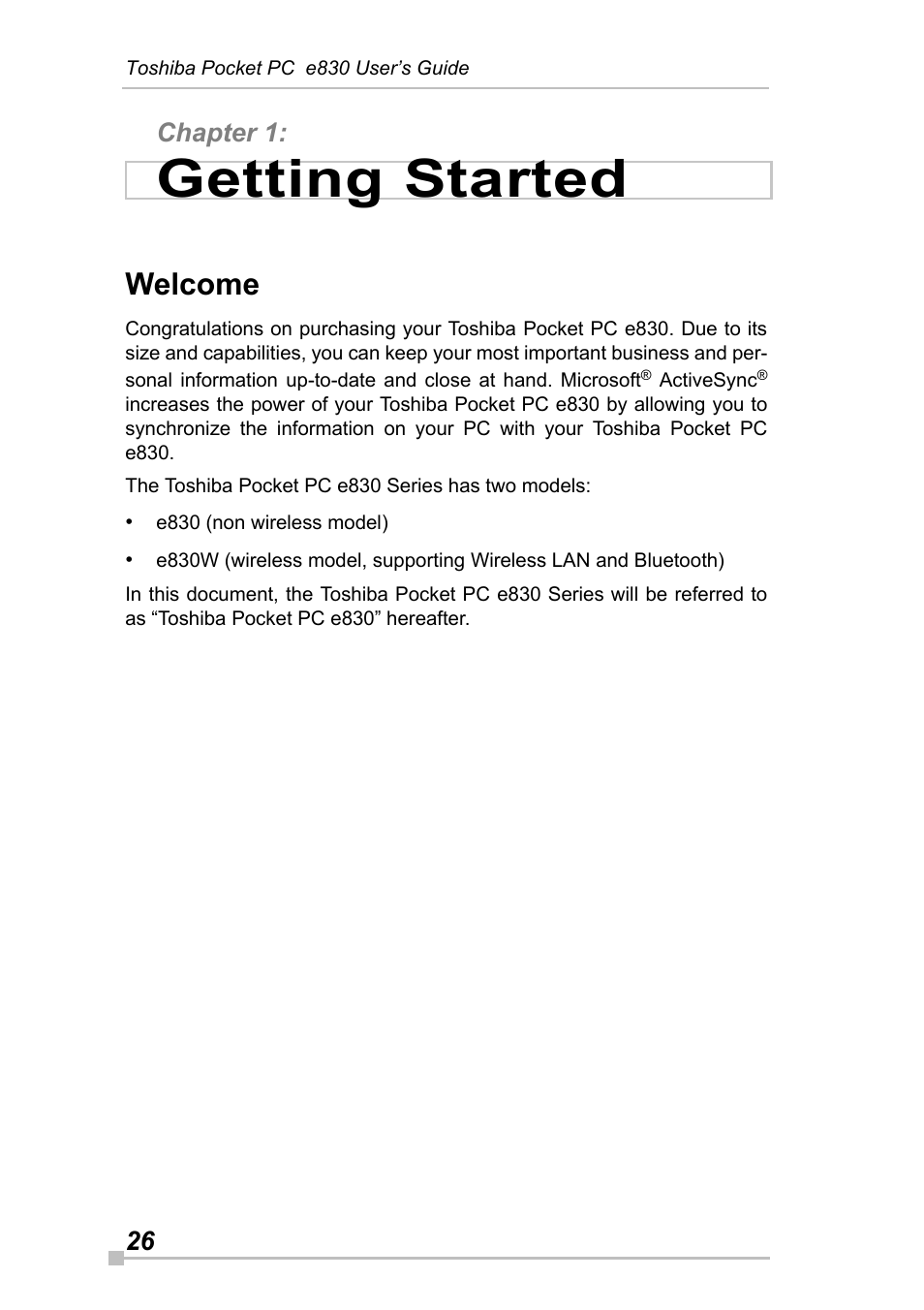 Chapter 1: getting started, Welcome, Chapter 1 | Getting started, 26 chapter 1 | Toshiba Pocket Pc e830 User Manual | Page 26 / 228