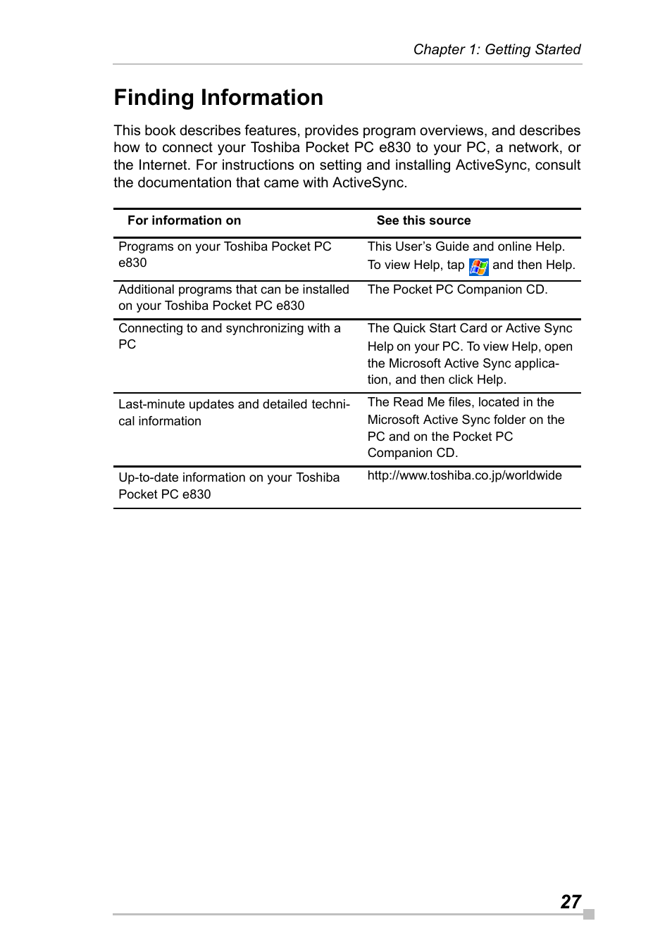 Finding information | Toshiba Pocket Pc e830 User Manual | Page 27 / 228