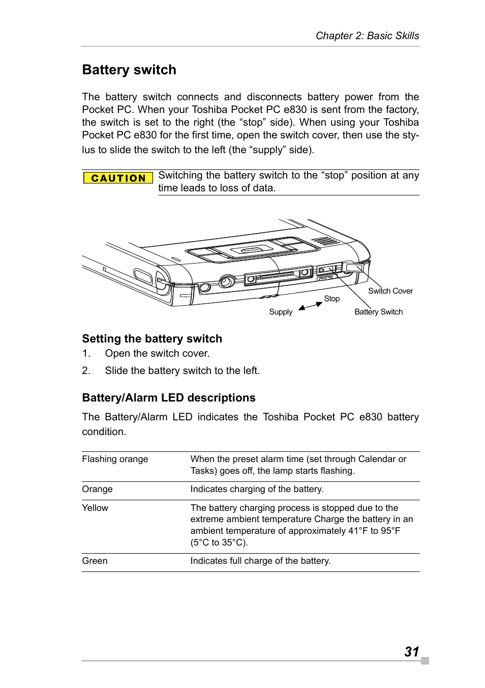 Battery switch, Setting the battery switch, Battery/alarm led descriptions | 31 battery switch | Toshiba Pocket Pc e830 User Manual | Page 31 / 228
