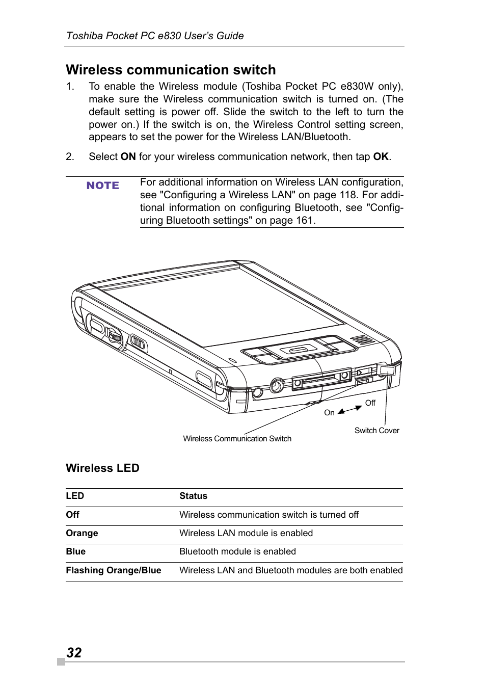 Wireless communication switch, Wireless led, 32 wireless communication switch | Toshiba Pocket Pc e830 User Manual | Page 32 / 228