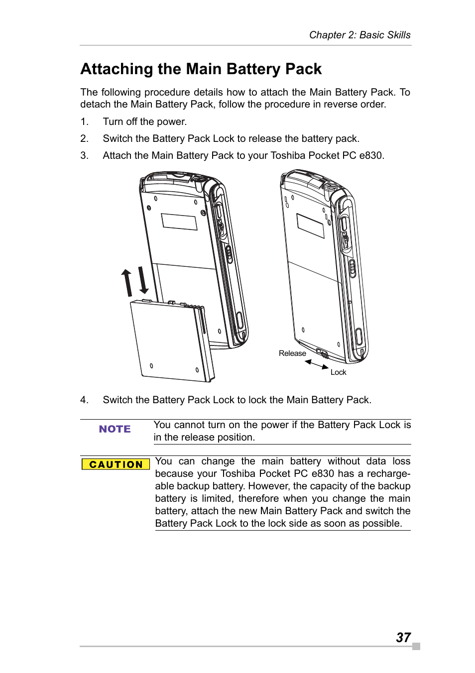 Attaching the main battery pack | Toshiba Pocket Pc e830 User Manual | Page 37 / 228