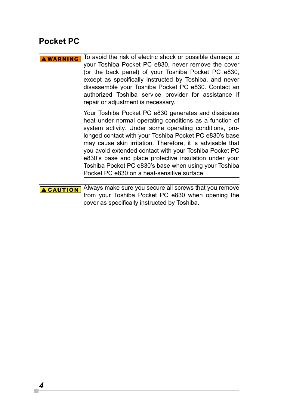 4pocket pc | Toshiba Pocket Pc e830 User Manual | Page 4 / 228