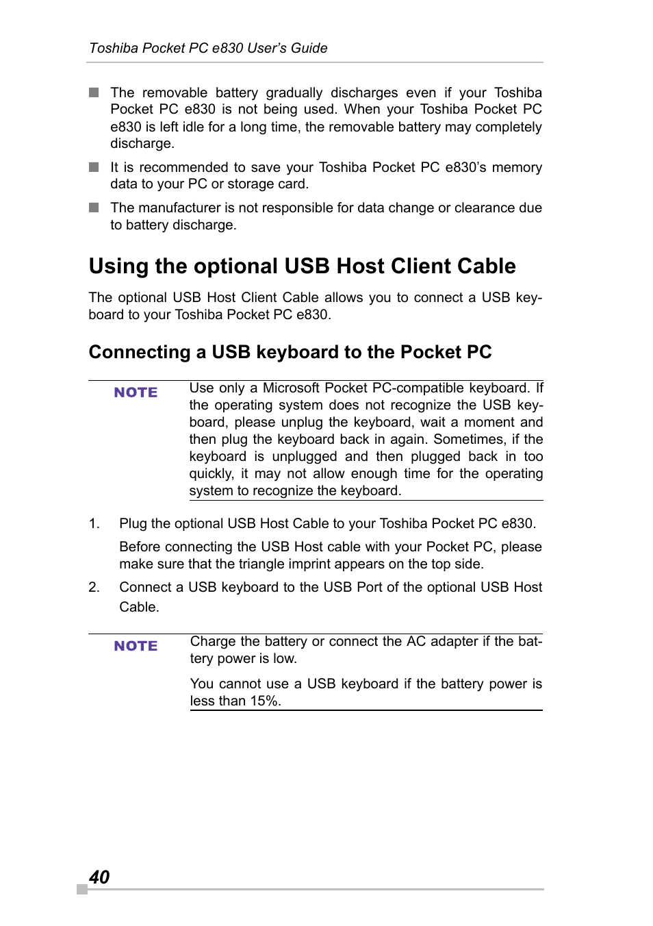 Using the optional usb host client cable, Connecting a usb keyboard to the pocket pc | Toshiba Pocket Pc e830 User Manual | Page 40 / 228