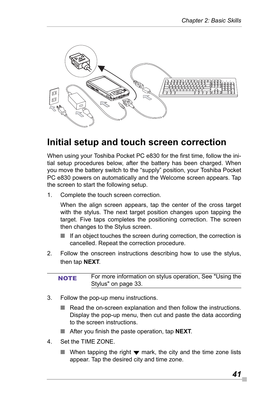 Initial setup and touch screen correction | Toshiba Pocket Pc e830 User Manual | Page 41 / 228