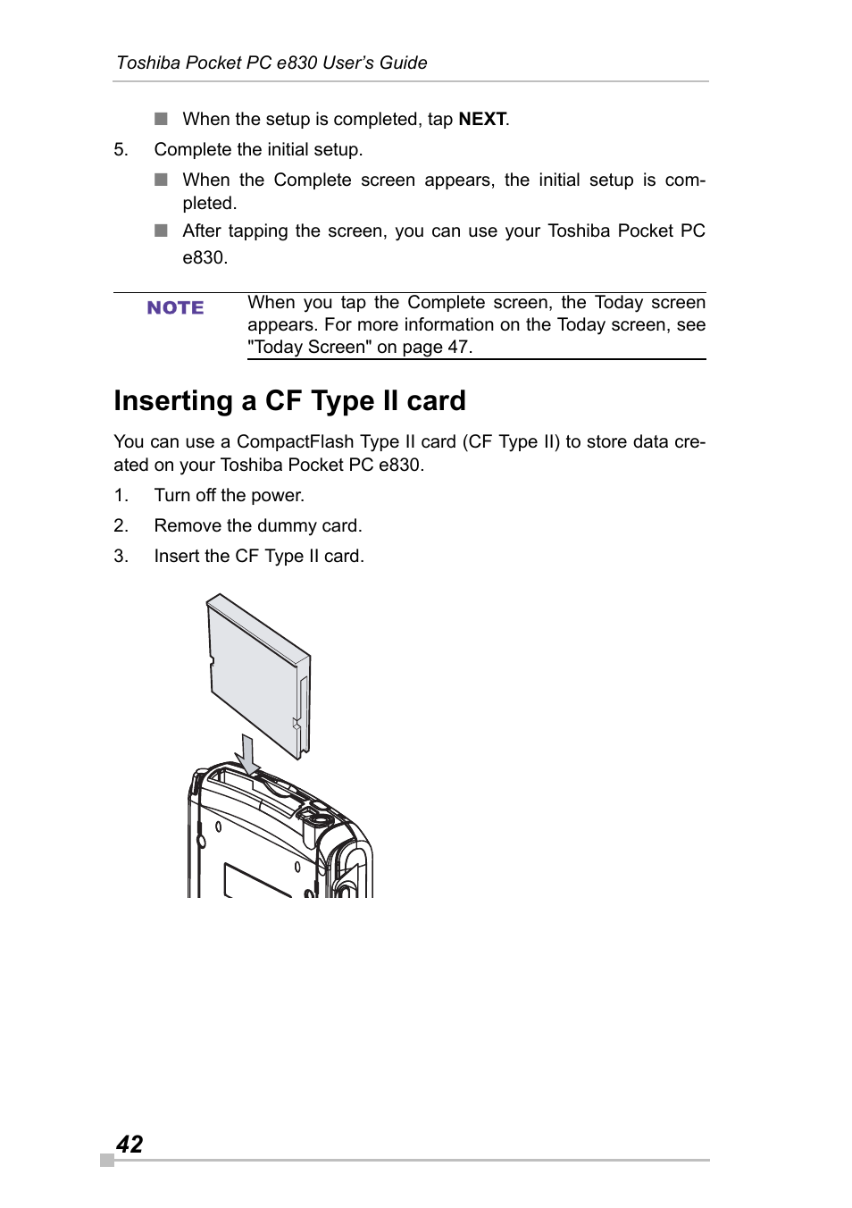 Inserting a cf type ii card | Toshiba Pocket Pc e830 User Manual | Page 42 / 228