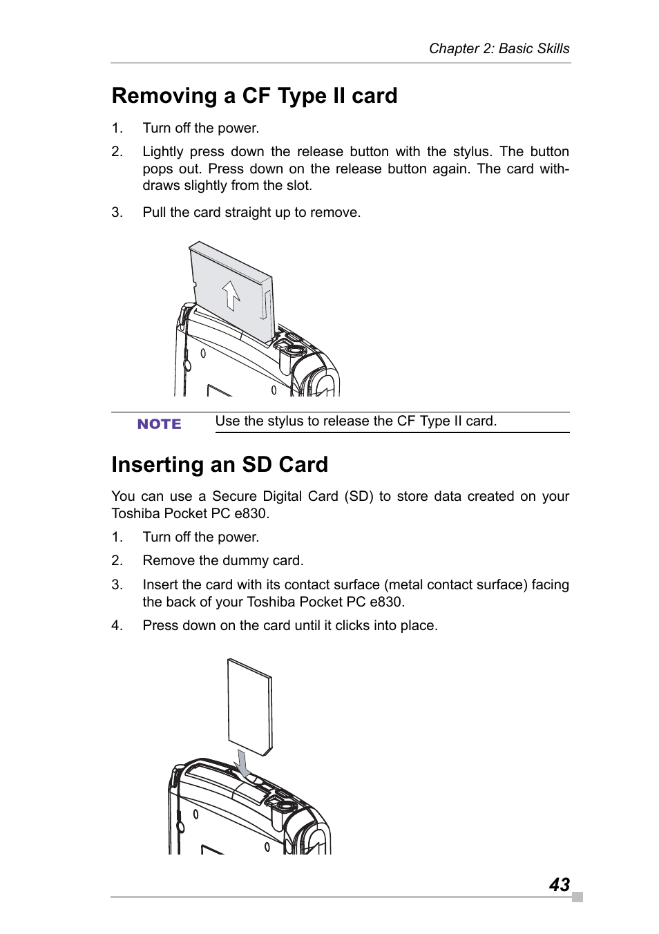 Removing a cf type ii card, Inserting an sd card | Toshiba Pocket Pc e830 User Manual | Page 43 / 228