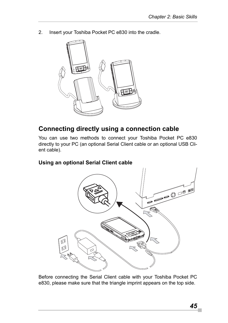 Connecting directly using a connection cable, Using an optional serial client cable | Toshiba Pocket Pc e830 User Manual | Page 45 / 228