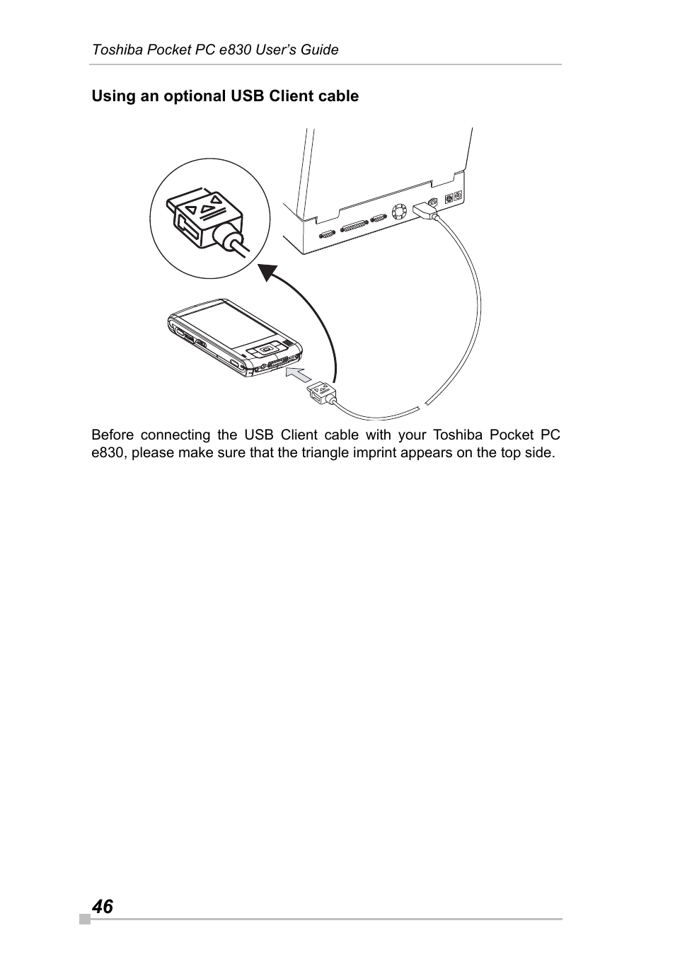 Using an optional usb client cable | Toshiba Pocket Pc e830 User Manual | Page 46 / 228
