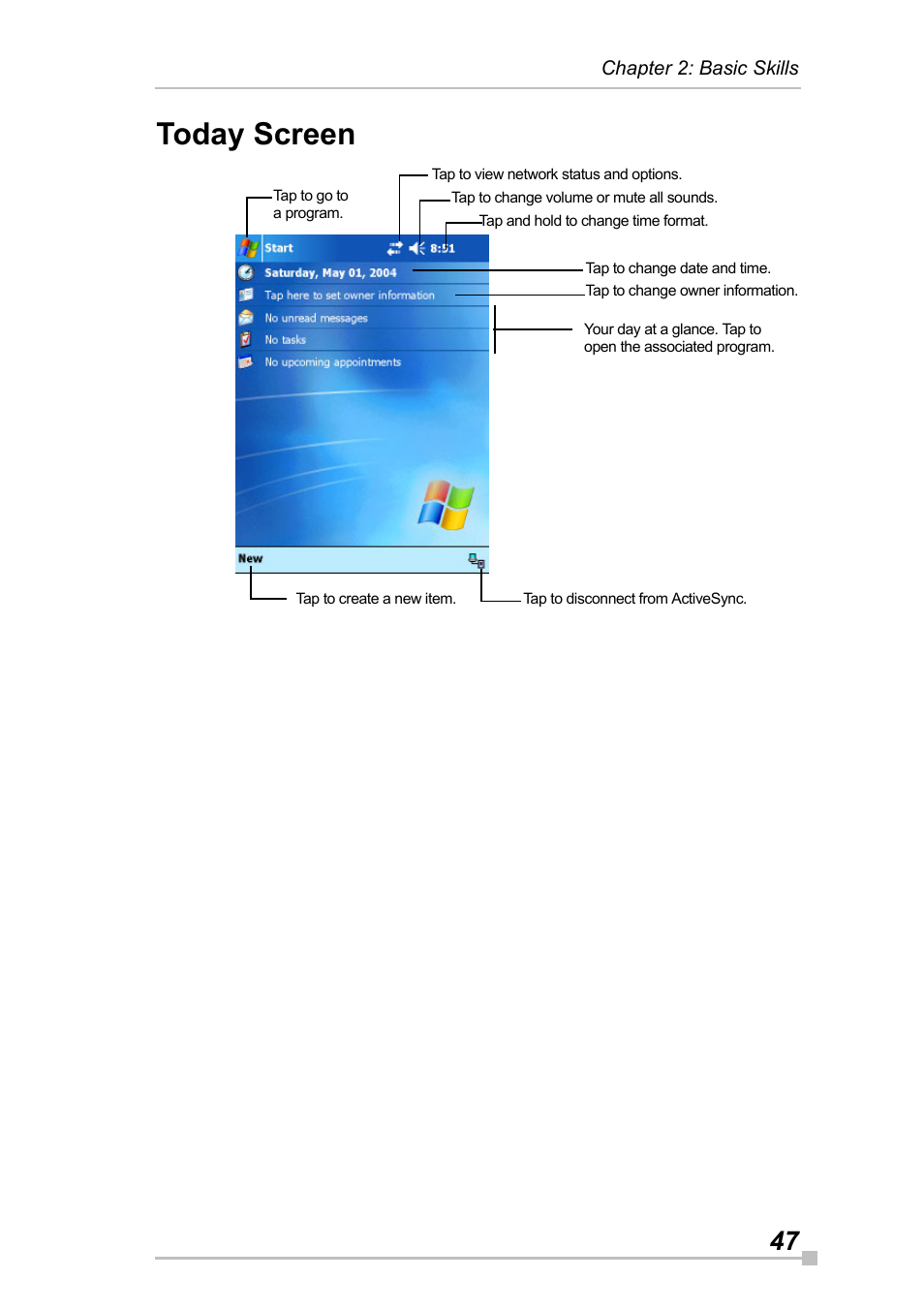 Today screen | Toshiba Pocket Pc e830 User Manual | Page 47 / 228